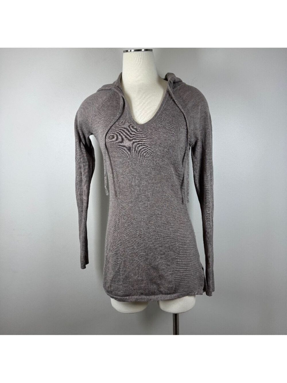 Athleta Tunic Heathered Brown V-Neck Merino Wool with Hood Sweater XS